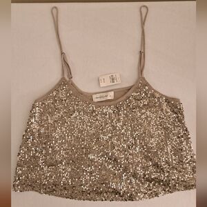 NEW Abercrombie & Fitch Y2K Champagne Gold Sequin Cami w/Adjustable Straps LARGE